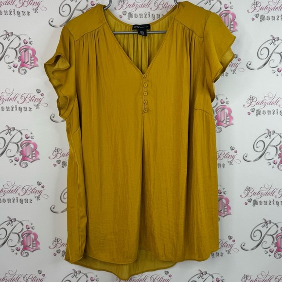Jones New York Tops - Jones New York tshirt button up ruffle sleeves pleated Mustard Blouse